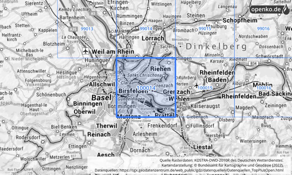 Übersichtskarte KOSTRA-DWD-2010R Rasterfeld Nr. 100014 mit angrenzenden Feldern