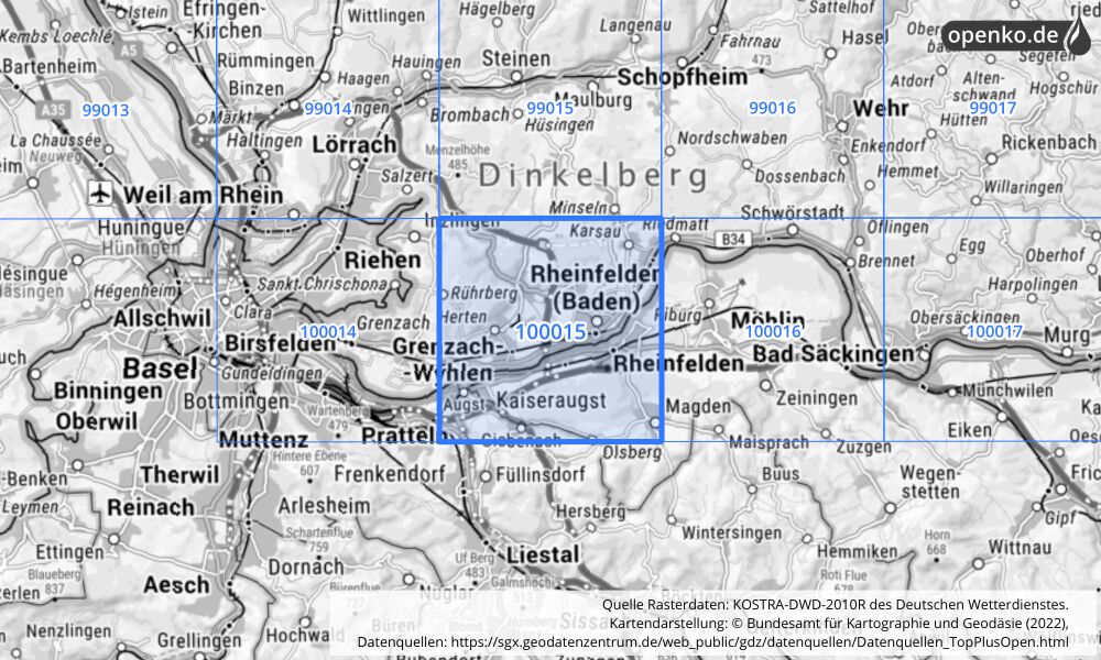 Übersichtskarte KOSTRA-DWD-2010R Rasterfeld Nr. 100015 mit angrenzenden Feldern