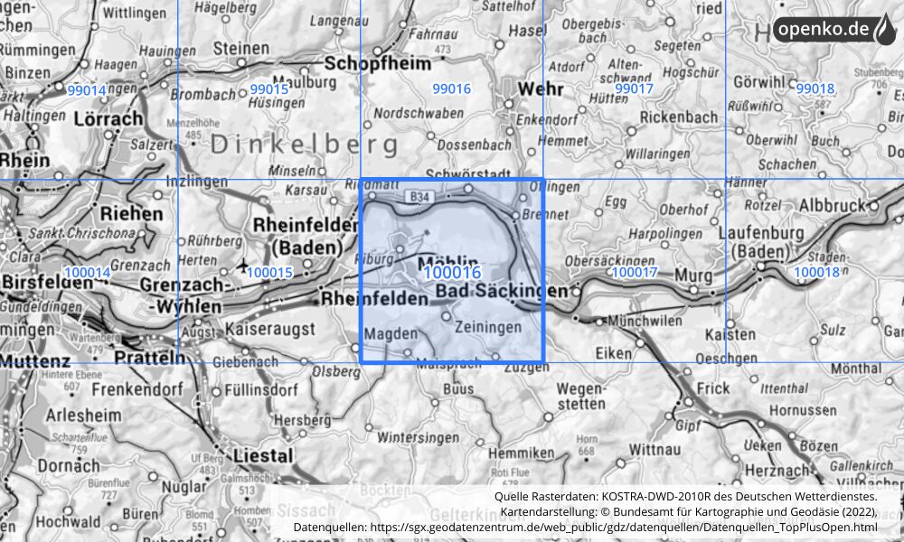 Übersichtskarte KOSTRA-DWD-2010R Rasterfeld Nr. 100016 mit angrenzenden Feldern