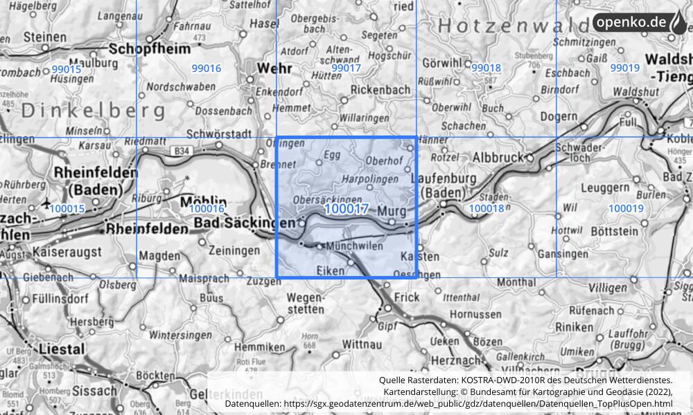 Übersichtskarte KOSTRA-DWD-2010R Rasterfeld Nr. 100017 mit angrenzenden Feldern