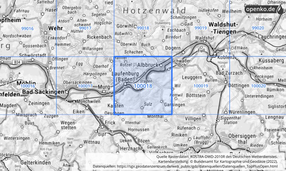 Übersichtskarte KOSTRA-DWD-2010R Rasterfeld Nr. 100018 mit angrenzenden Feldern