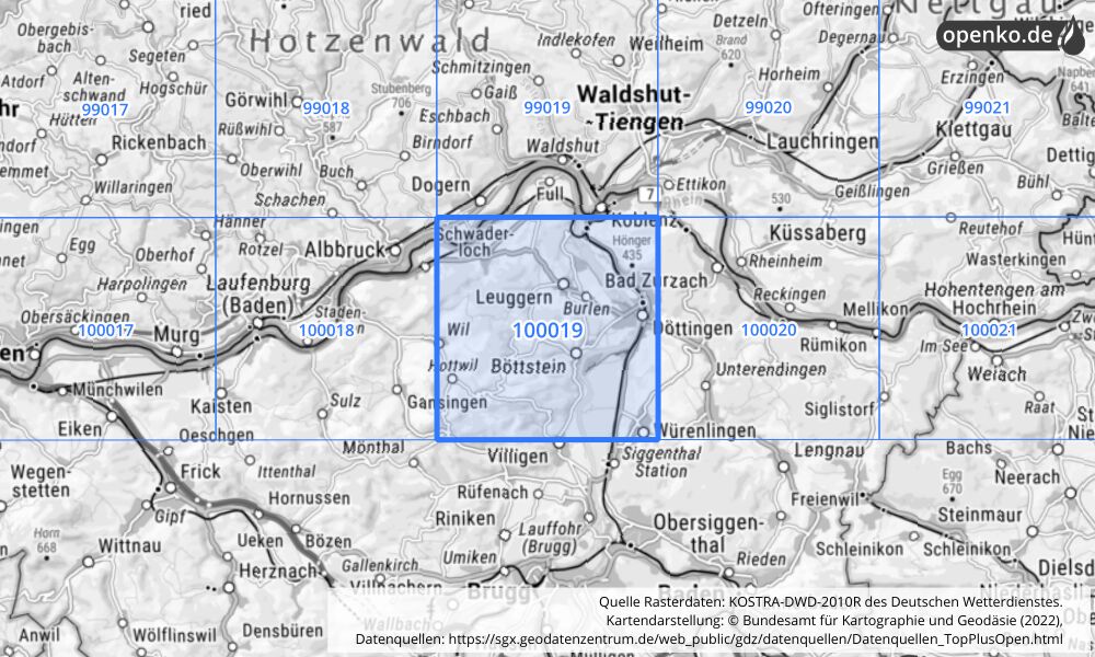 Übersichtskarte KOSTRA-DWD-2010R Rasterfeld Nr. 100019 mit angrenzenden Feldern