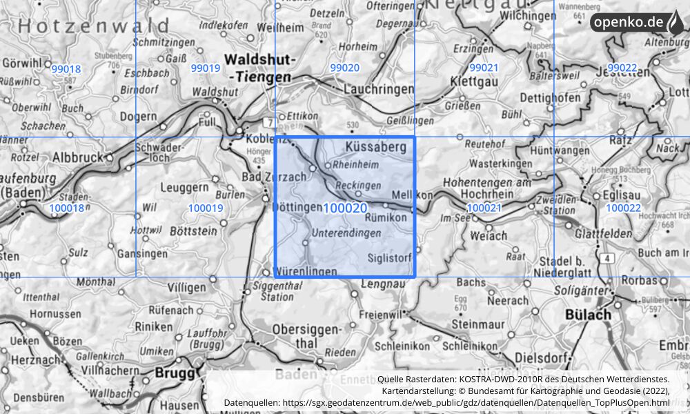 Übersichtskarte KOSTRA-DWD-2010R Rasterfeld Nr. 100020 mit angrenzenden Feldern