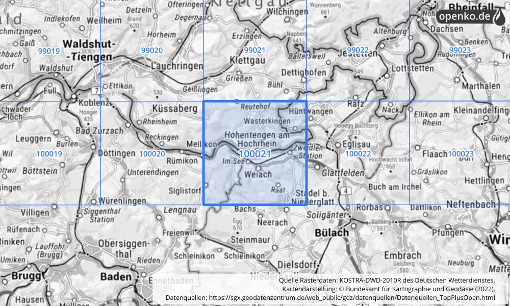 Übersichtskarte KOSTRA-DWD-2010R Rasterfeld Nr. 100021 mit angrenzenden Feldern