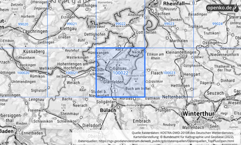 Übersichtskarte KOSTRA-DWD-2010R Rasterfeld Nr. 100022 mit angrenzenden Feldern