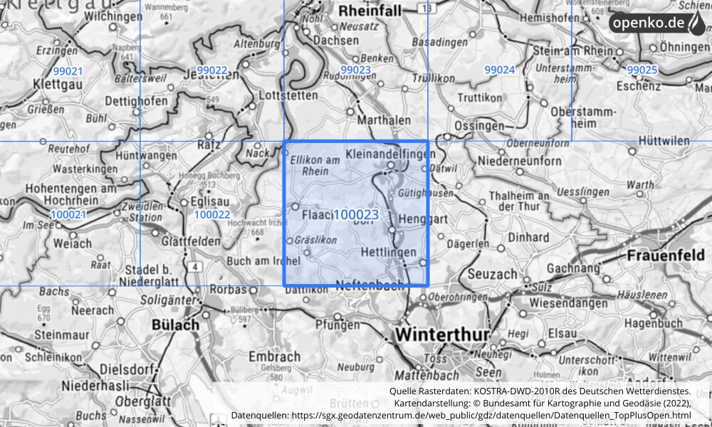 Übersichtskarte KOSTRA-DWD-2010R Rasterfeld Nr. 100023 mit angrenzenden Feldern