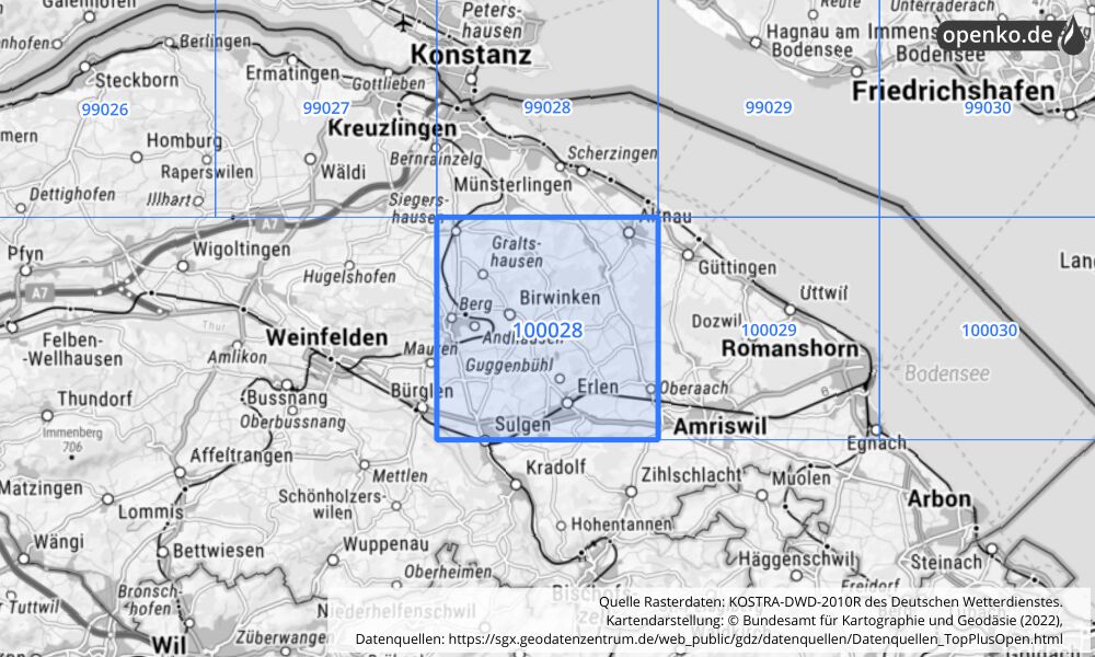 Übersichtskarte KOSTRA-DWD-2010R Rasterfeld Nr. 100028 mit angrenzenden Feldern