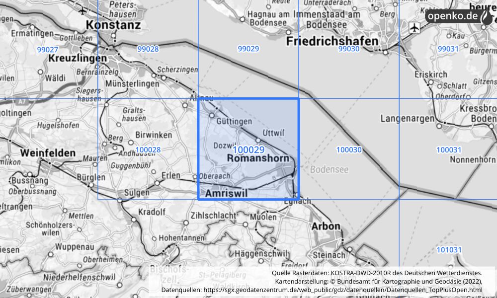 Übersichtskarte KOSTRA-DWD-2010R Rasterfeld Nr. 100029 mit angrenzenden Feldern