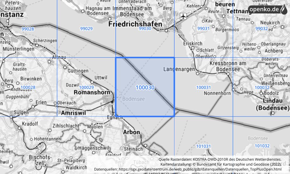 Übersichtskarte KOSTRA-DWD-2010R Rasterfeld Nr. 100030 mit angrenzenden Feldern