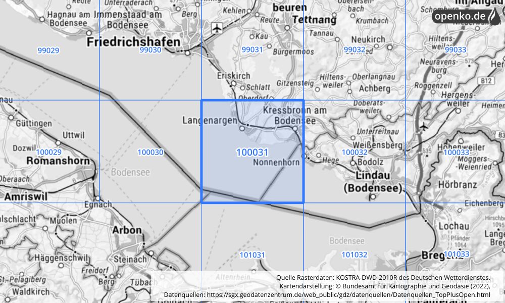 Übersichtskarte KOSTRA-DWD-2010R Rasterfeld Nr. 100031 mit angrenzenden Feldern