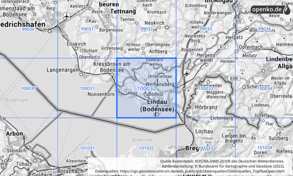 Übersichtskarte KOSTRA-DWD-2010R Rasterfeld Nr. 100032 mit angrenzenden Feldern