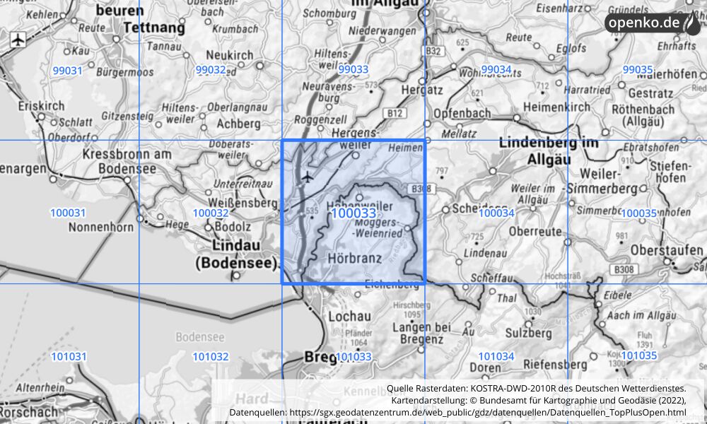 Übersichtskarte KOSTRA-DWD-2010R Rasterfeld Nr. 100033 mit angrenzenden Feldern