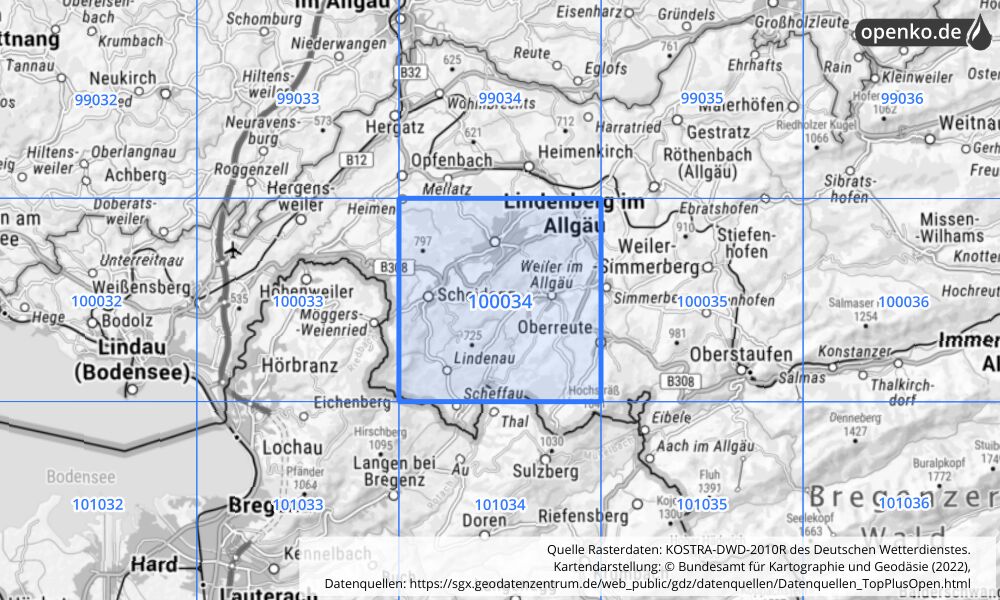 Übersichtskarte KOSTRA-DWD-2010R Rasterfeld Nr. 100034 mit angrenzenden Feldern