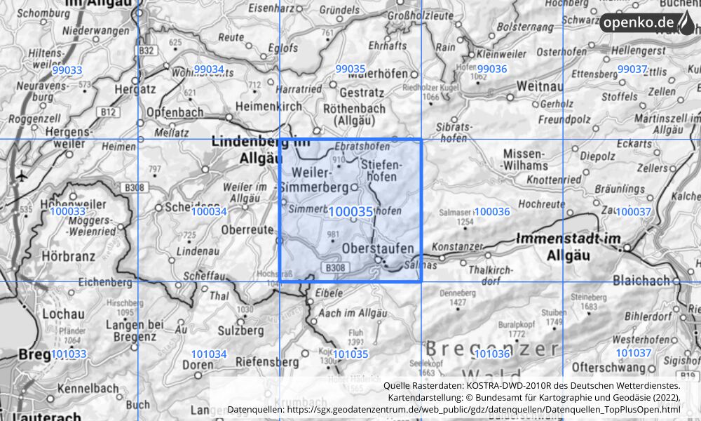 Übersichtskarte KOSTRA-DWD-2010R Rasterfeld Nr. 100035 mit angrenzenden Feldern