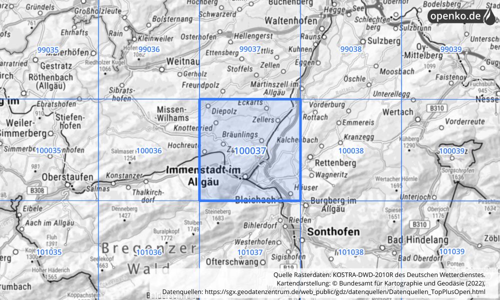 Übersichtskarte KOSTRA-DWD-2010R Rasterfeld Nr. 100037 mit angrenzenden Feldern