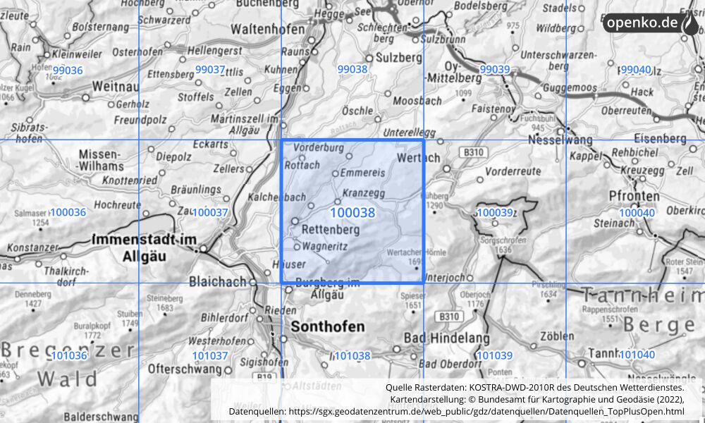 Übersichtskarte KOSTRA-DWD-2010R Rasterfeld Nr. 100038 mit angrenzenden Feldern