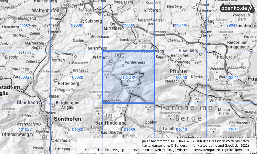 Übersichtskarte KOSTRA-DWD-2010R Rasterfeld Nr. 100039 mit angrenzenden Feldern