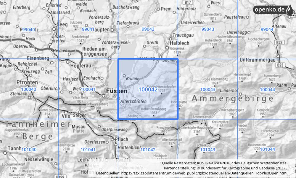 Übersichtskarte KOSTRA-DWD-2010R Rasterfeld Nr. 100042 mit angrenzenden Feldern