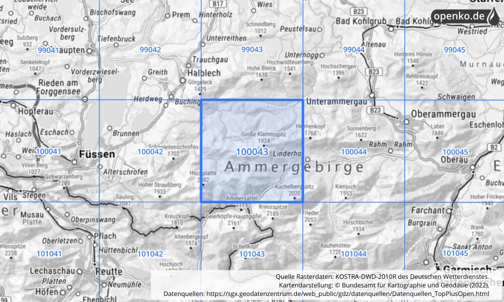 Übersichtskarte KOSTRA-DWD-2010R Rasterfeld Nr. 100043 mit angrenzenden Feldern