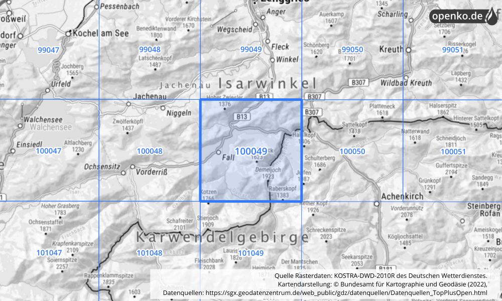 Übersichtskarte KOSTRA-DWD-2010R Rasterfeld Nr. 100049 mit angrenzenden Feldern