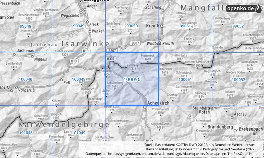 Übersichtskarte KOSTRA-DWD-2010R Rasterfeld Nr. 100050 mit angrenzenden Feldern