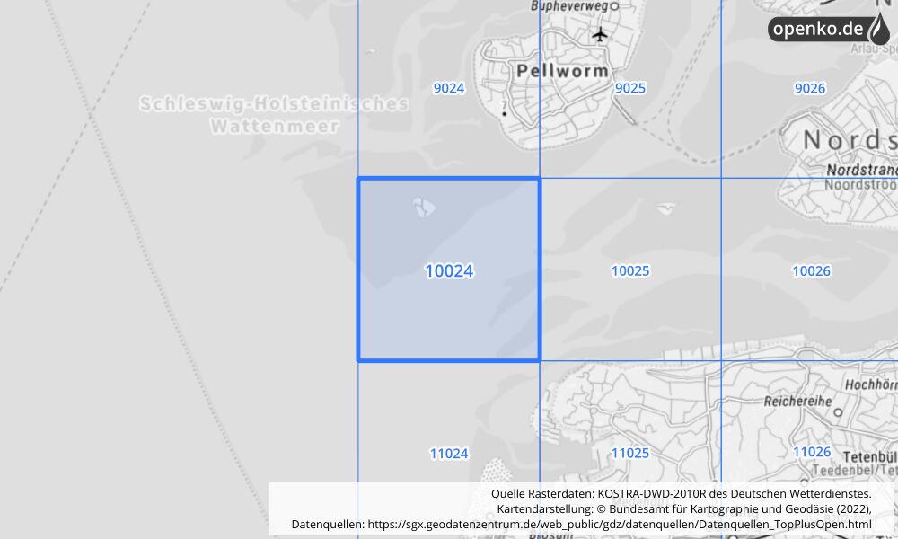 Übersichtskarte KOSTRA-DWD-2010R Rasterfeld Nr. 10024 mit angrenzenden Feldern