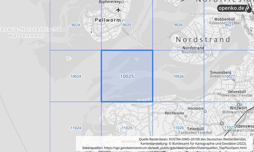 Übersichtskarte KOSTRA-DWD-2010R Rasterfeld Nr. 10025 mit angrenzenden Feldern