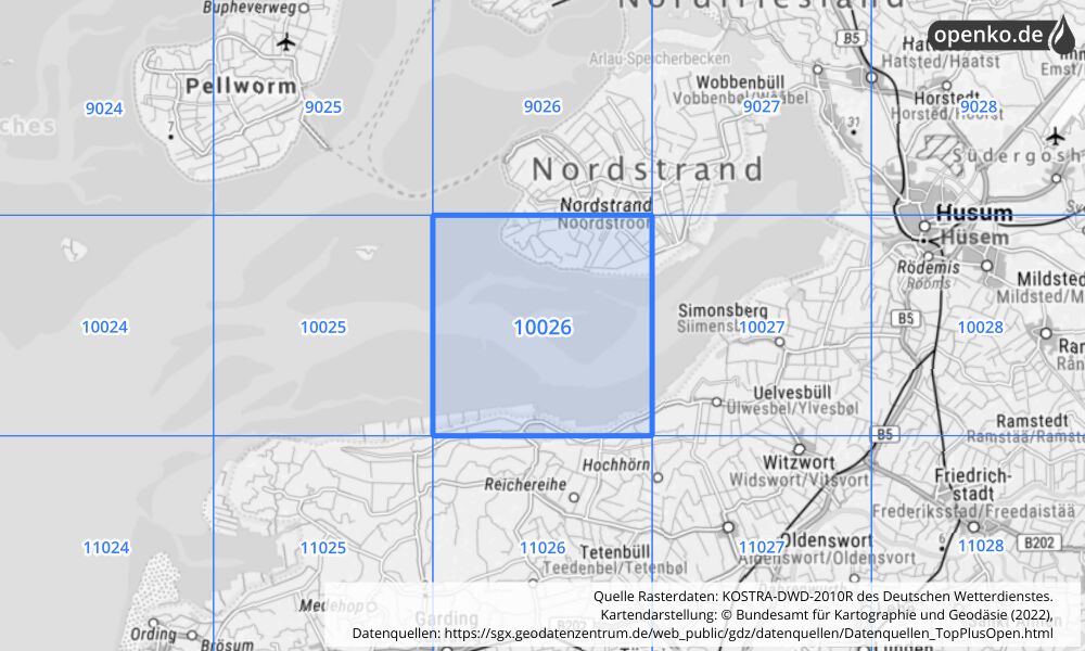 Übersichtskarte KOSTRA-DWD-2010R Rasterfeld Nr. 10026 mit angrenzenden Feldern