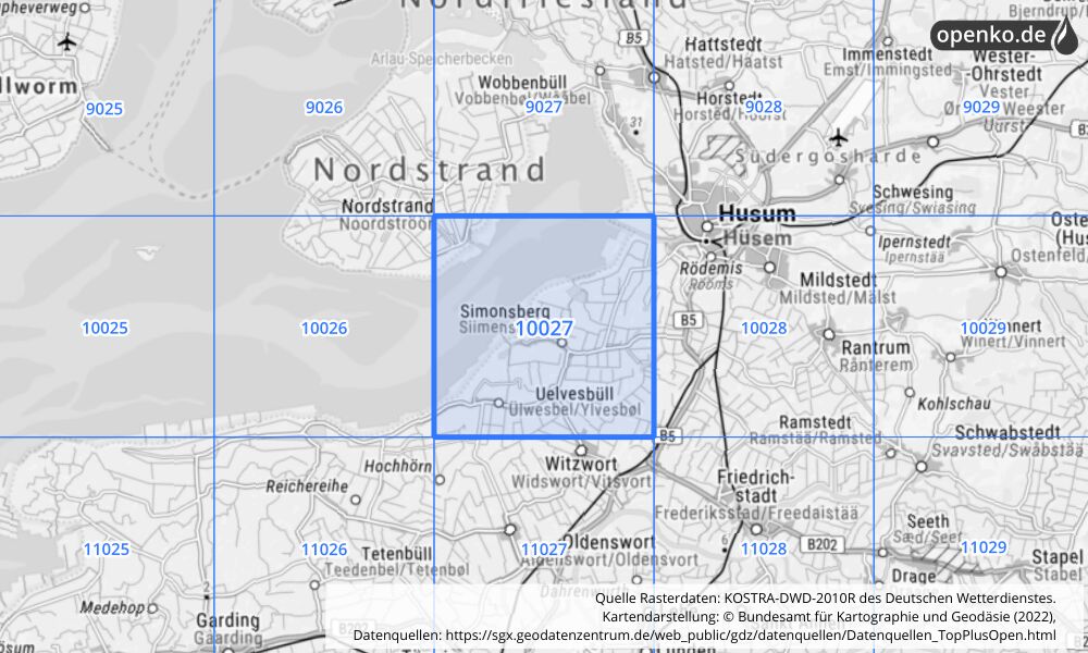 Übersichtskarte KOSTRA-DWD-2010R Rasterfeld Nr. 10027 mit angrenzenden Feldern