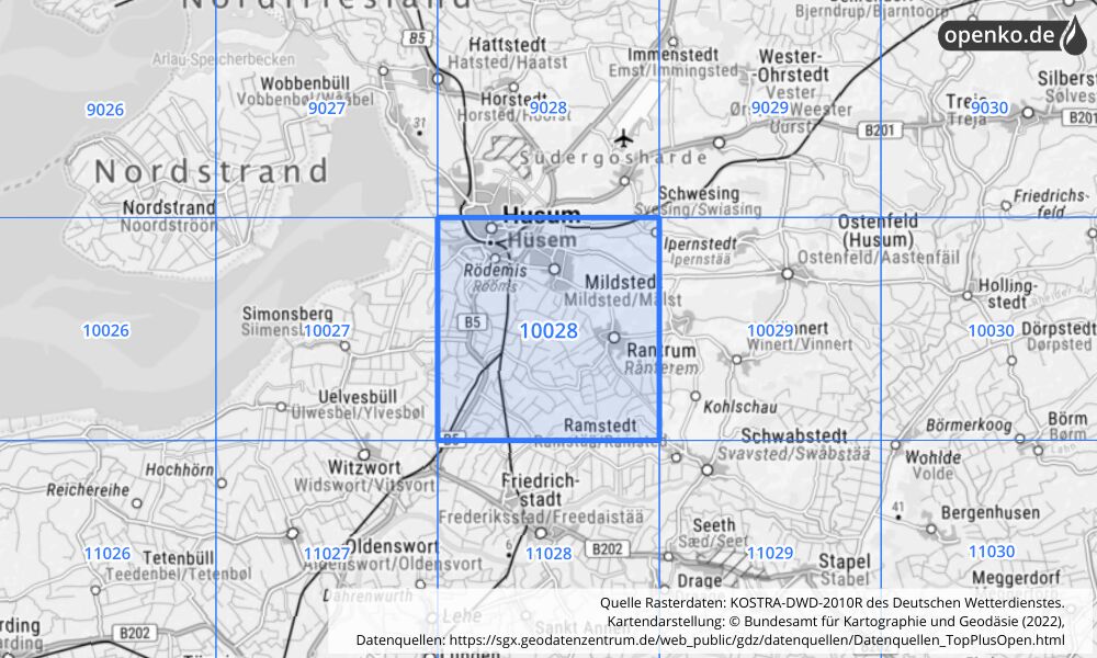 Übersichtskarte KOSTRA-DWD-2010R Rasterfeld Nr. 10028 mit angrenzenden Feldern