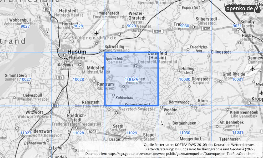 Übersichtskarte KOSTRA-DWD-2010R Rasterfeld Nr. 10029 mit angrenzenden Feldern