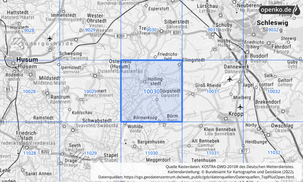 Übersichtskarte KOSTRA-DWD-2010R Rasterfeld Nr. 10030 mit angrenzenden Feldern