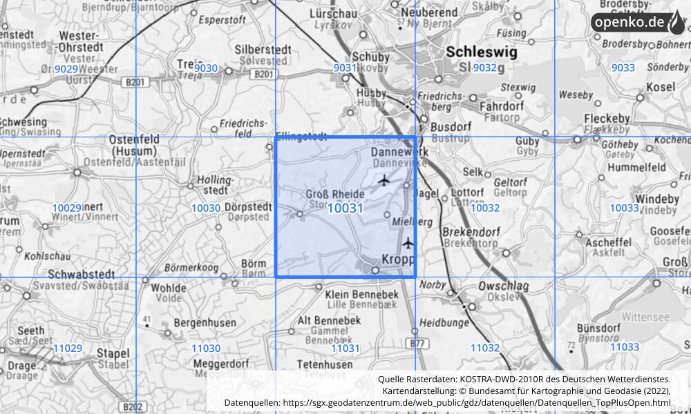 Übersichtskarte KOSTRA-DWD-2010R Rasterfeld Nr. 10031 mit angrenzenden Feldern