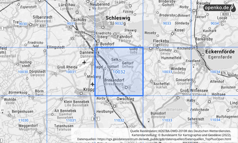 Übersichtskarte KOSTRA-DWD-2010R Rasterfeld Nr. 10032 mit angrenzenden Feldern