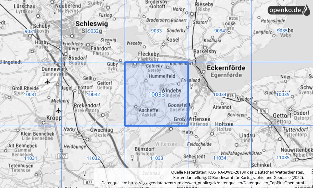 Übersichtskarte KOSTRA-DWD-2010R Rasterfeld Nr. 10033 mit angrenzenden Feldern