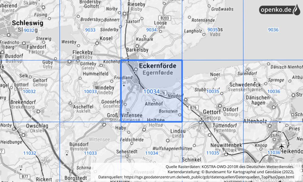 Übersichtskarte KOSTRA-DWD-2010R Rasterfeld Nr. 10034 mit angrenzenden Feldern