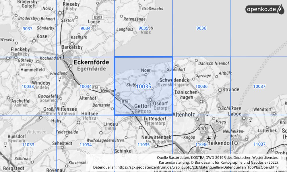 Übersichtskarte KOSTRA-DWD-2010R Rasterfeld Nr. 10035 mit angrenzenden Feldern