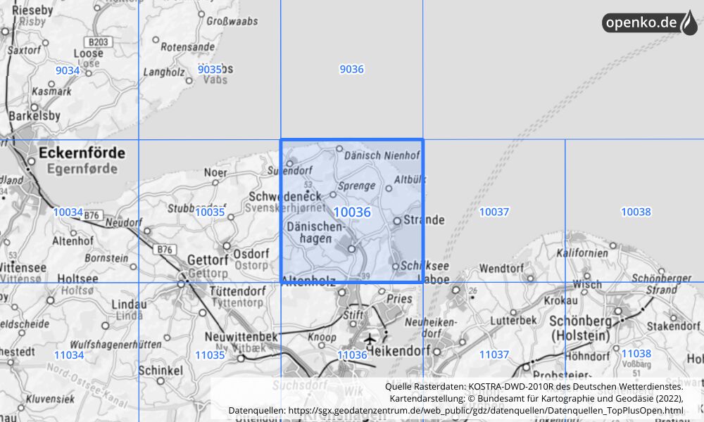 Übersichtskarte KOSTRA-DWD-2010R Rasterfeld Nr. 10036 mit angrenzenden Feldern