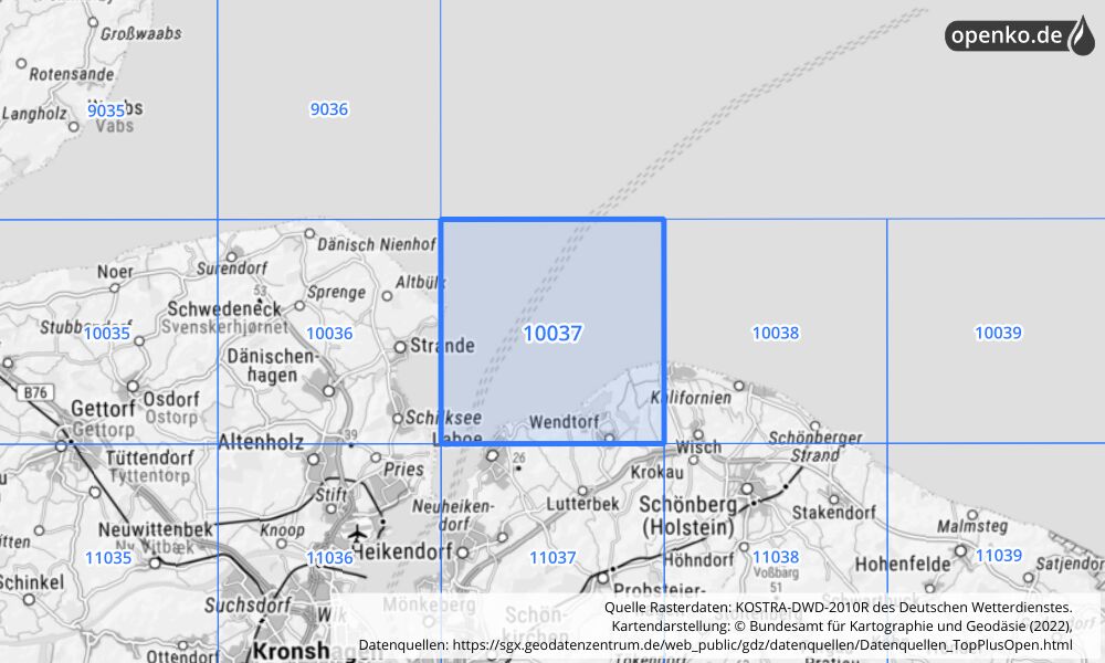 Übersichtskarte KOSTRA-DWD-2010R Rasterfeld Nr. 10037 mit angrenzenden Feldern