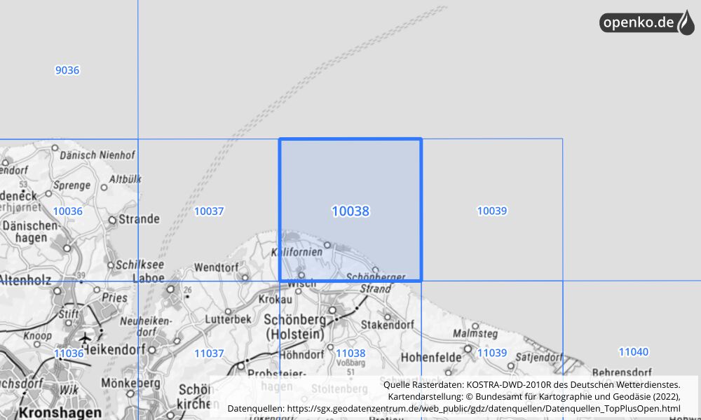 Übersichtskarte KOSTRA-DWD-2010R Rasterfeld Nr. 10038 mit angrenzenden Feldern