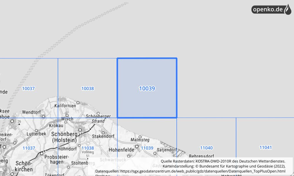 Übersichtskarte KOSTRA-DWD-2010R Rasterfeld Nr. 10039 mit angrenzenden Feldern