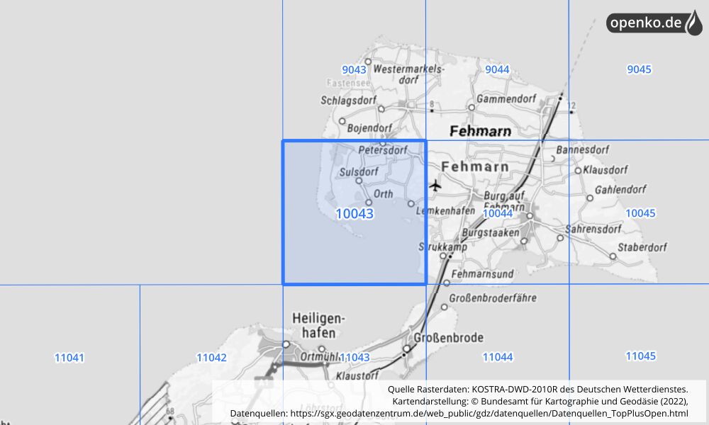 Übersichtskarte KOSTRA-DWD-2010R Rasterfeld Nr. 10043 mit angrenzenden Feldern