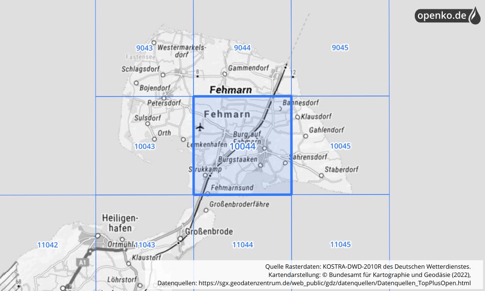 Übersichtskarte KOSTRA-DWD-2010R Rasterfeld Nr. 10044 mit angrenzenden Feldern