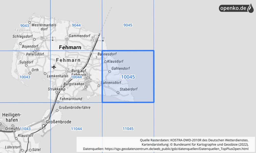 Übersichtskarte KOSTRA-DWD-2010R Rasterfeld Nr. 10045 mit angrenzenden Feldern