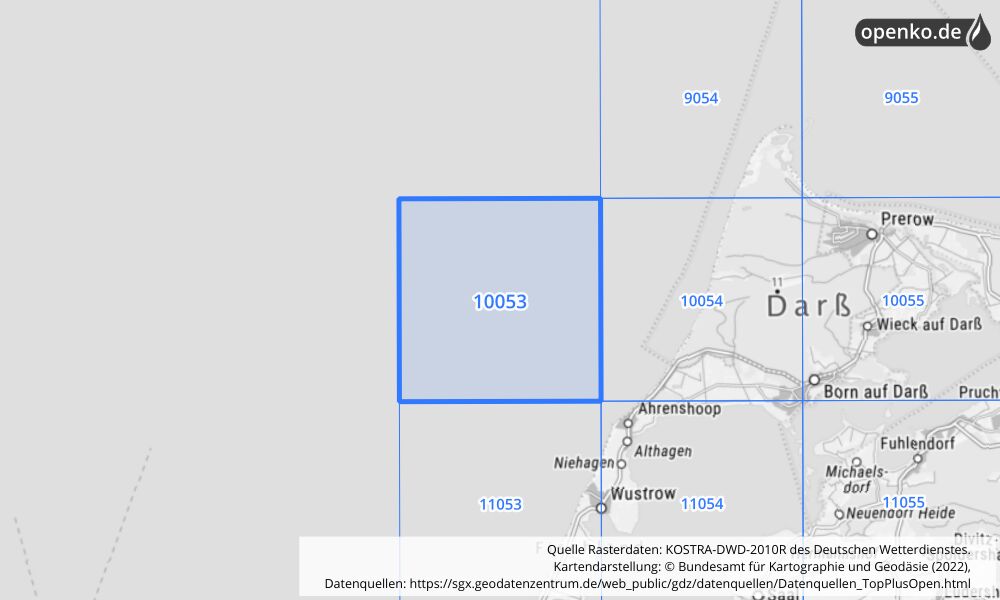 Übersichtskarte KOSTRA-DWD-2010R Rasterfeld Nr. 10053 mit angrenzenden Feldern