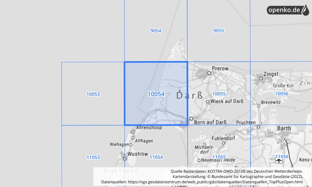 Übersichtskarte KOSTRA-DWD-2010R Rasterfeld Nr. 10054 mit angrenzenden Feldern