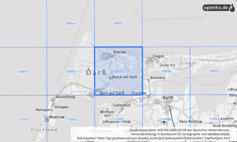 Übersichtskarte KOSTRA-DWD-2010R Rasterfeld Nr. 10055 mit angrenzenden Feldern