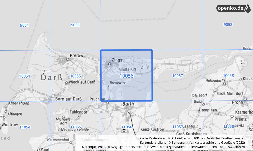Übersichtskarte KOSTRA-DWD-2010R Rasterfeld Nr. 10056 mit angrenzenden Feldern