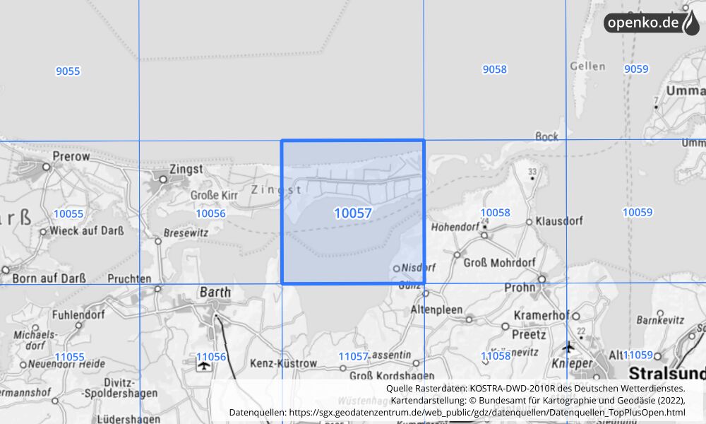 Übersichtskarte KOSTRA-DWD-2010R Rasterfeld Nr. 10057 mit angrenzenden Feldern