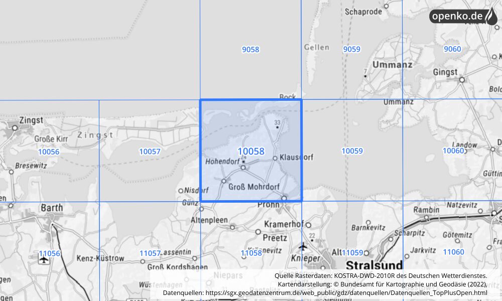 Übersichtskarte KOSTRA-DWD-2010R Rasterfeld Nr. 10058 mit angrenzenden Feldern